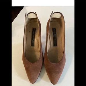 VINTAGE MAUD FRIZON Brown suede Peek A Boo leather heels Sz 7.5